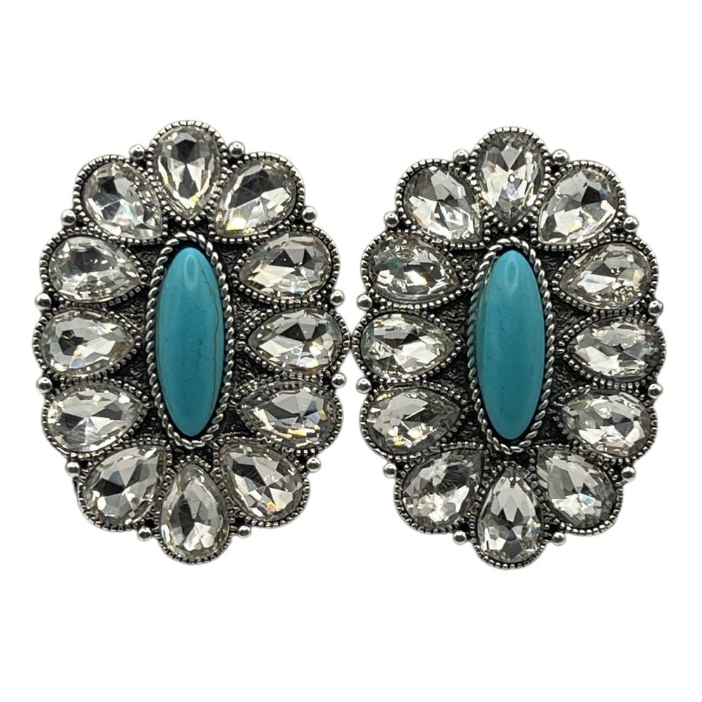 Silver Toned Western Earrings w Simulated Turquoise Stones and Clear Rhinestones